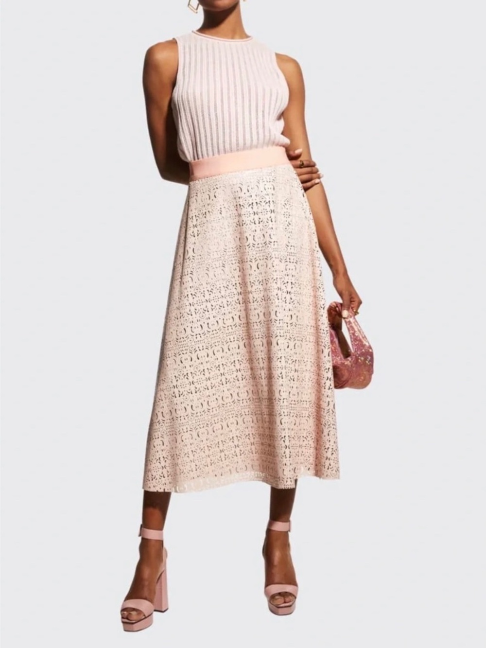 Alice & Olivia, Vegan Leather Midi Skirt with Laser Cut Out, size 2